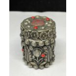 A DECORATIVE WHITE METAL LIDDED POT WITH RED STONES AND A AMALFI COAT OF ARMS