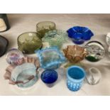 A QUANTITY OF COLOURED GLASS BOWLS PLUS PAPERWEIGHTS