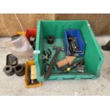 AN ASSORTMENT OF TOOLS AND HARDWARE TO INCLUDE DRILL BITS, HAMMERS AND CLAMPS ETC