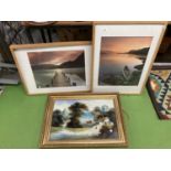 A FRAMED PAINTING ON GLASS OF A OASTAL SCENE, PLUS TWO FRAMED PRINTS OF MOUNTAIN AND LAKE SCENES