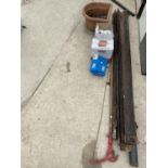 AN ASSORTMENT OF ITEMS TO INCLUDE CAST IRON GUTTERS, A LONG REACH LOPPER AND TUBES OF SILICONE ETC