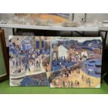 TWO LARGE CANVAS PRINTS OF 'LOWRY' STYLE SEASIDE SCENES 61CM X 62CM