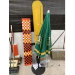 AN ASSORTMENT OF ITEMS TO INCLUDE A PUB PARASOL, A MODEL PLANE WING AND A BIKE TYRE ETC