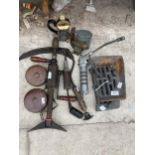 AN ASSORTMENT OF ITEMS TO INCLUDE A BRACE DRILL, A GREASEGUN AND VINTAGE TAPE MEASURES ETC