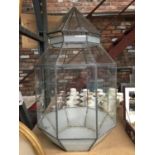 A VINTAGE GLASS AND LEAD TERRARIUM - GLASS A/F 60CM X 40CM APPROX