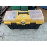 A PLASTIC TOOL BOX CONTAINING SCREW DRIVERS AND SOCKETS ETC