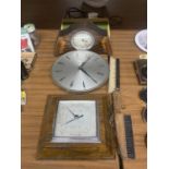 A VINTAGE MAHOGANY CASED MANTLE CLOCK, WALL CLOCK, BAROMETER AND TRANSISTOR RADIO