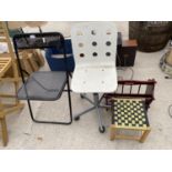 AN ASSORTMENT OF ITEMS TO INCLUDE A FOLDING CHAIR, A SWIVLE CHAIR AND A MAGAZINE RACK ETC