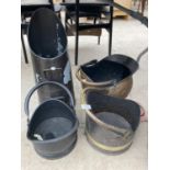 THREE VARIOUS COAL BUCKETS AND A COAL SKUTTLE