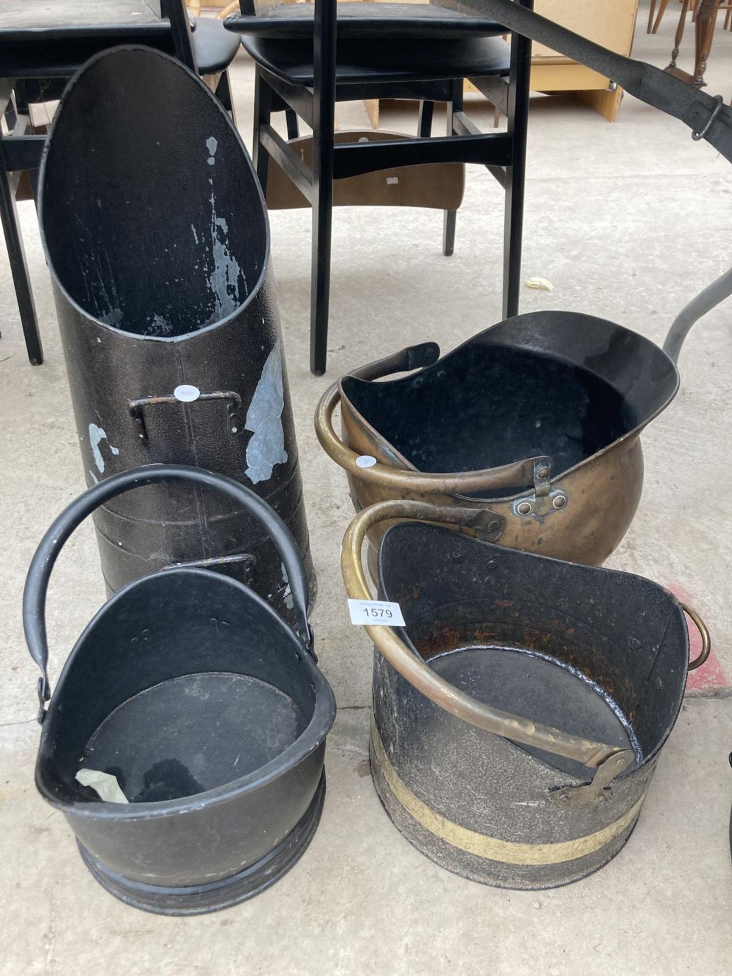 THREE VARIOUS COAL BUCKETS AND A COAL SKUTTLE