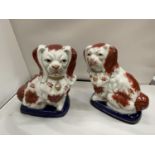 A PAIR OF STAFFORDSHIRE SPANIELS HEIGHT 22CM