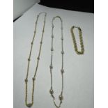 THREE SILVER GILT ITEMS TO INCLUDE A ROPE BRACELET AND TWO NECKLACES ONE WITH PEARL DESIGN ONE