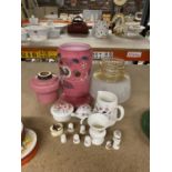 A COLLECTION OF ITEMS INCLUDING CHINA THIMBLES, AYNSLEY TORTOISE, WEDGWOOD TRINKET BOX, MINI URN,