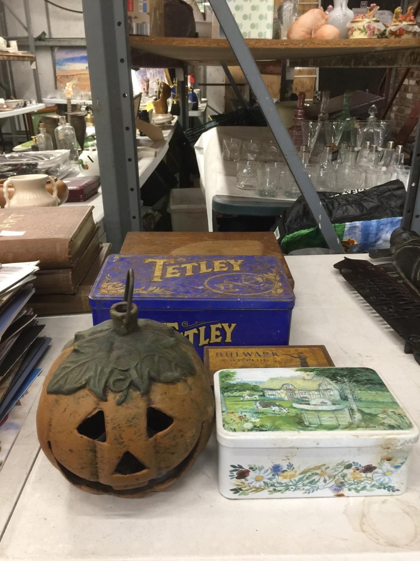 A MAHOGANY BOX, VINTAGE TINS AND A CAST PUMPKIN CANDLE HOLDER - Image 2 of 2