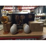 THREE BOXES EACH CONTAINING TWO GIN GLASSES WITH A TORTOISE SHELL FINISH PLUS A QUANTITY OF