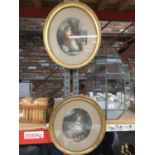 TWO OVAL GILT FRAMED ENGRAVINGS, ONE OF A LADY WITH MILK CHURNS, THE OTHER A LADY WITH A BASKET OF