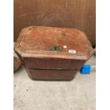 A VINTAGE WOODEN STORAGE BOX WITH BRASS DETAILING