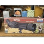 AN OPTUS ZOOM 20-60X60 SPOTTING SCOPE WITH TABLE TRIPOD