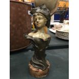 AN ART NOUVEAU STYLE METAL BUST OF A LADY ON A MARBLE BASE - A FEW NIBBLES TO THE BASE HEIGHT 26CM