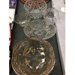 FIVE GLASS BOWLS TO INCLUDE AN AMBER ONE