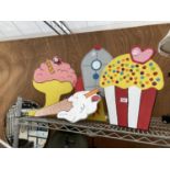 FOUR VARIOUS WOODEN CUT CARTOON DISPLAY ITEMS TO INCLUDE THREE ICE CREAMS AND A ROCKET