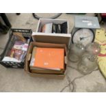 AN ASSORTMENT OF ITEMS TO INCLUDE DEMI JOHNS, SCALES AND FOLDERS ETC