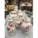 A QUANTITY OF AYNSLEY CHINA 'ELIZABETH ROSE' TO INCLUDE VASES, CUPS, JUGS, TEAPOT, ETC ALL GOOD