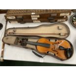 A VICTORIAN VIOLIN WITH BOW IN A WOODEN CASE