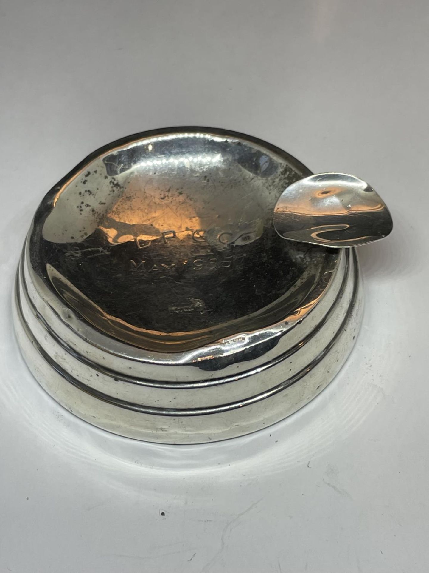 A HALLMARKED SHEFFIELD SILVER ASHTRAY ENGRAVED LPGC MAY 1955 WEIGHTED