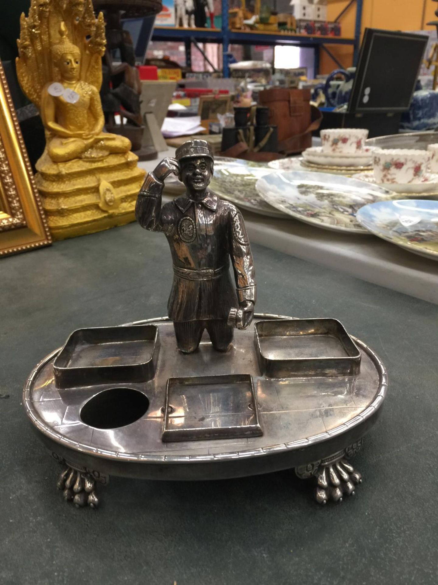 A WHITE METAL CRUET STAND WITH FIGURE - Image 3 of 6