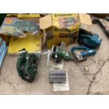 AN ASSORTMENT OF POWER TOOLS TO INCLUDE A BOSCH RIP SAW, AN HITACHI ROUTER AND A JIGSAW ETC