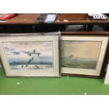 TWO LARGE FRAMED PRINTS SIGNED BY ELIZABETH GRAY, ONE OF DUCKS FLYING OVER WATER, THE OTHER