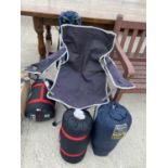 TWO FOLDING CAMPING CHAIRS AND THREE SLEEPING BAGS