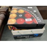 THREE BOXED SETS OF POOL BALLS, ONE COMPLETE, ON NO WHITE AND ONE NO WHITE OR BLACK