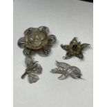 FOUR MARKED SILVER BROOCHES - FLOWER DESIGN