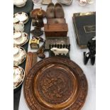 A COLLECTION OF MAINLY TREEN ITEMS INCLUDING BOXES, PLATES, SHEEP LETTER RACK, RULER, CLOGS, ETC