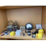 AN ASSORTMENT OF ITEMS TO INCLUDE A VOLT METER, RELAYS AND A PANEL METER ETC