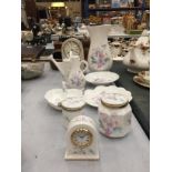 A QUANTITY OF AYNSLEY CHINA ' LITTLE SWEETHEART' TO INCLUDE, VASES, TRINKET POTS, PLATES, CLOCK, ETC