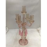 A PINK GLASS CANDLEABRA WITH FIVE BRANCHES HEIGHT 41CM