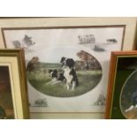 THREE FRAMED PRINTS TO INCLUDE TWO OF COLLIE DOGS AND ONE OF RABBITS IN A BARN