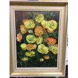 AN LARGE OIL ON BOARD PAINTING OF POPPIES SIGNED JOAN CARRICK 59CM X 75CM