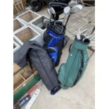 TWO GOLF BAGS CONTAINING VARIOUS GOLF CLUBS AND A GAZEBO