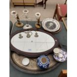 AN ASSORTMENT OF ITEMS TO INCLUDE A LARGE TRAY, A BLUE AND WHITE GINGER JAR AND A WOODEN FRAMED