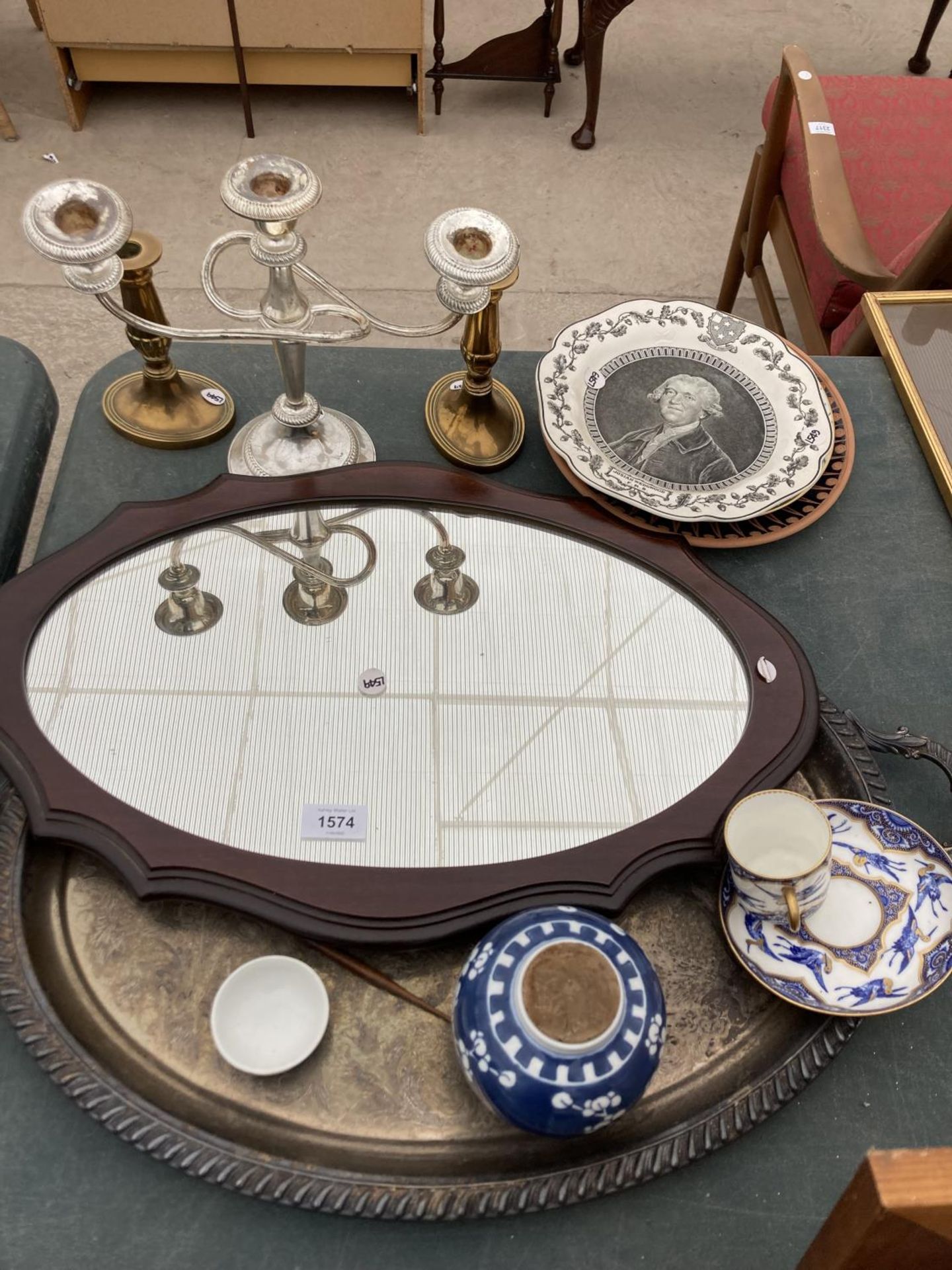 AN ASSORTMENT OF ITEMS TO INCLUDE A LARGE TRAY, A BLUE AND WHITE GINGER JAR AND A WOODEN FRAMED