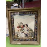 A VINTAGE FRAMED TAPESTRY OF A COURTING COUPLE