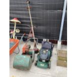 A VINTAGE MOWER, A PETROL LAWN MOWER AND A PETROL STRIMMER