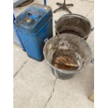 TWO VINTAGE GALVANISED BUCKETS AND A VINTAGE FUEL CAN