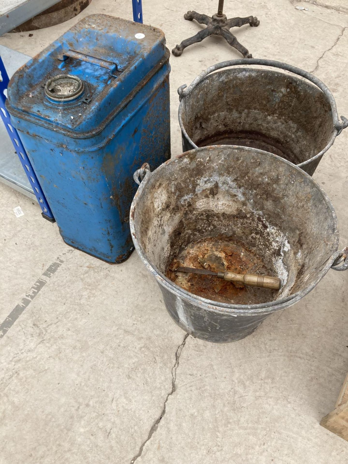 TWO VINTAGE GALVANISED BUCKETS AND A VINTAGE FUEL CAN