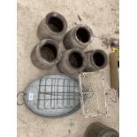 AN ASSORTMENT OF ITEMS TO INCLUDE RACKS, A GALVANISED TRAY AND FIVE VINTAGE STYLE PLANT POTS