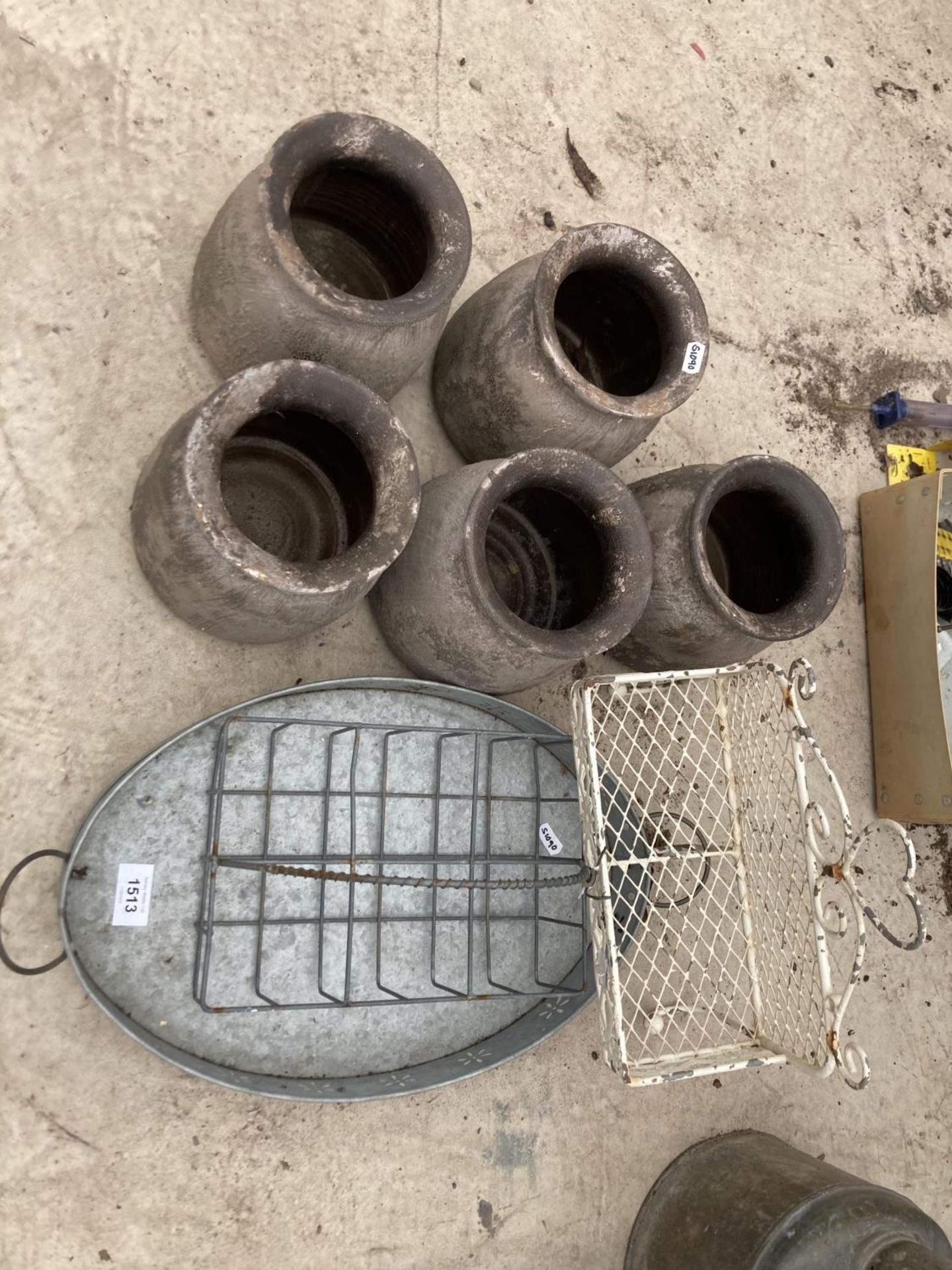 AN ASSORTMENT OF ITEMS TO INCLUDE RACKS, A GALVANISED TRAY AND FIVE VINTAGE STYLE PLANT POTS